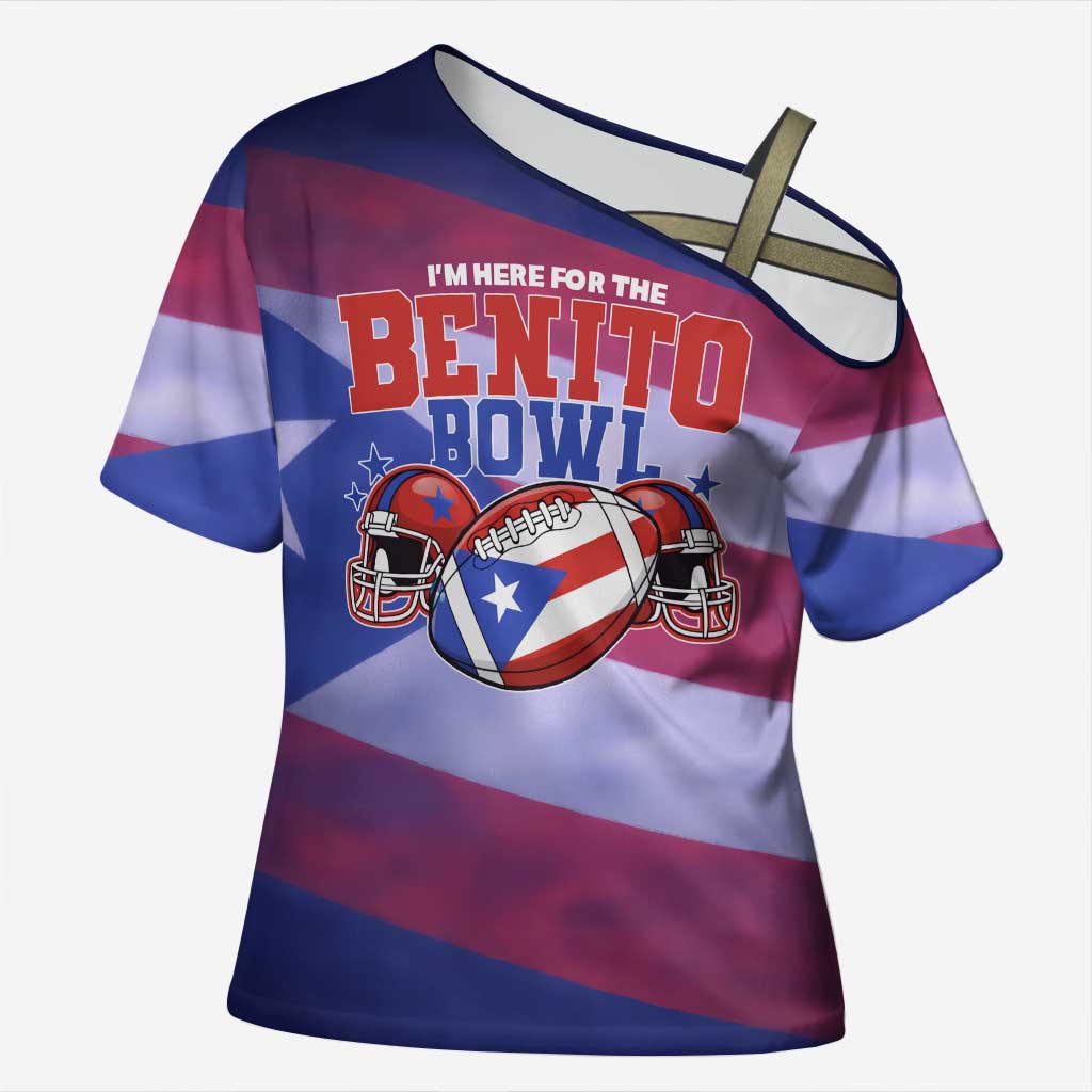Benito Bowl Fan Gear Cross Shoulder Shirt with Puerto Rican Flag Football Graphic
