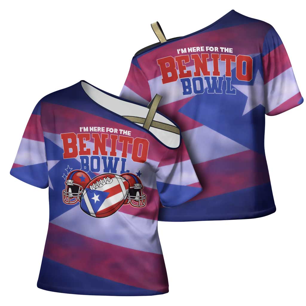 Benito Bowl Fan Gear Cross Shoulder Shirt with Puerto Rican Flag Football Graphic
