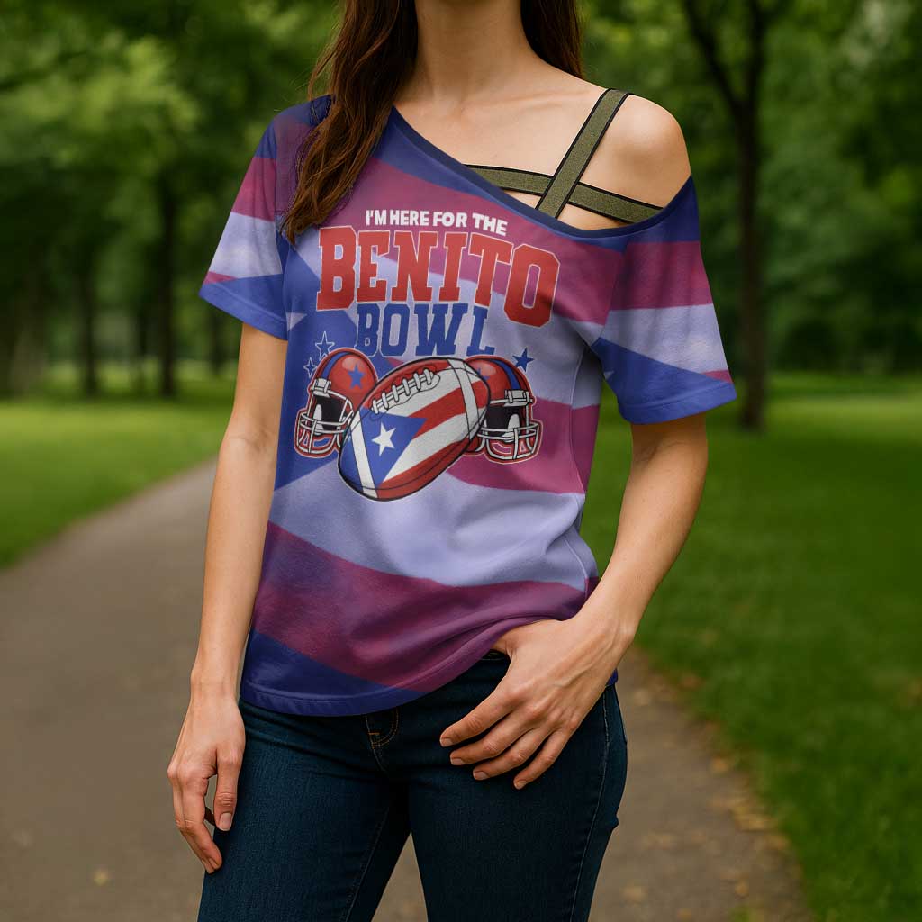 Benito Bowl Fan Gear Cross Shoulder Shirt with Puerto Rican Flag Football Graphic
