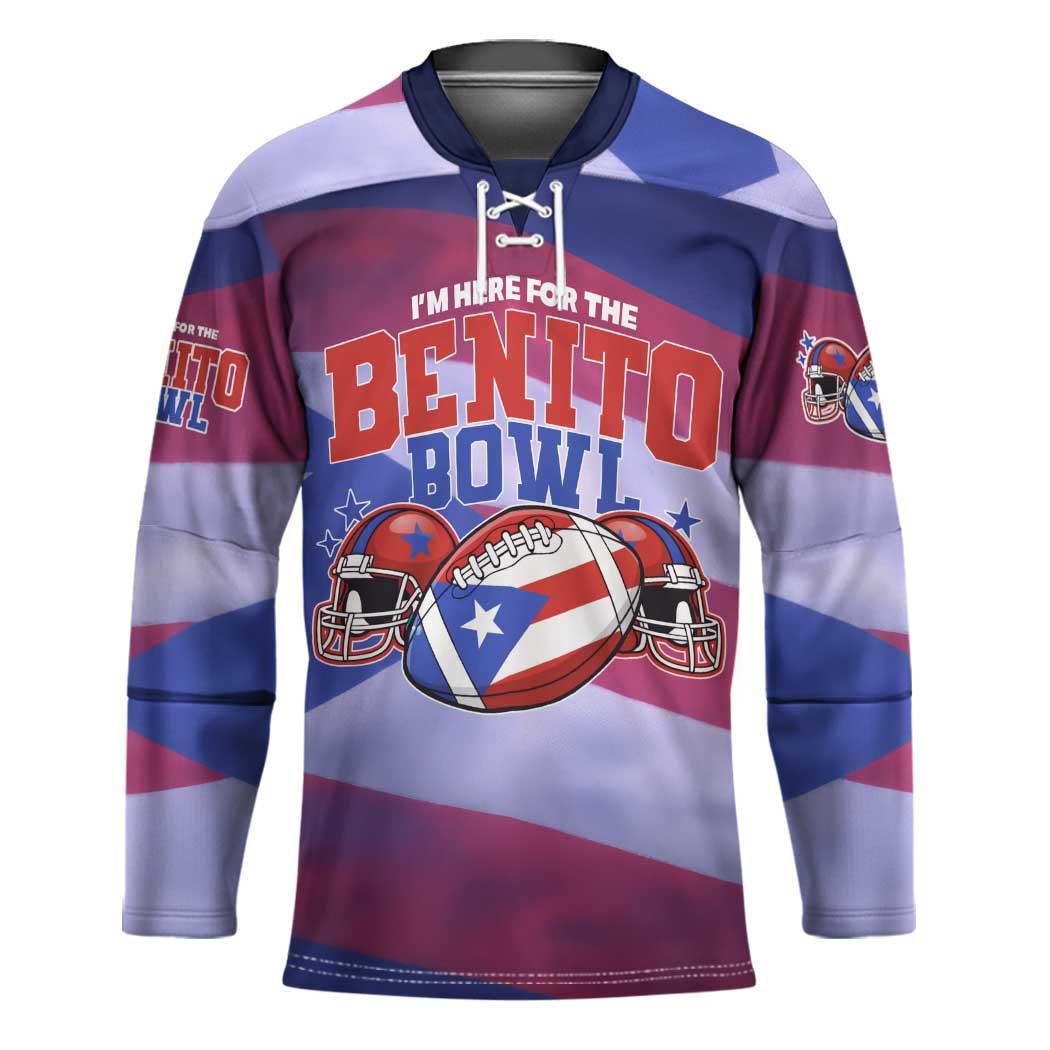 Benito Bowl Fan Gear Hockey Jersey with Puerto Rican Flag Football Graphic