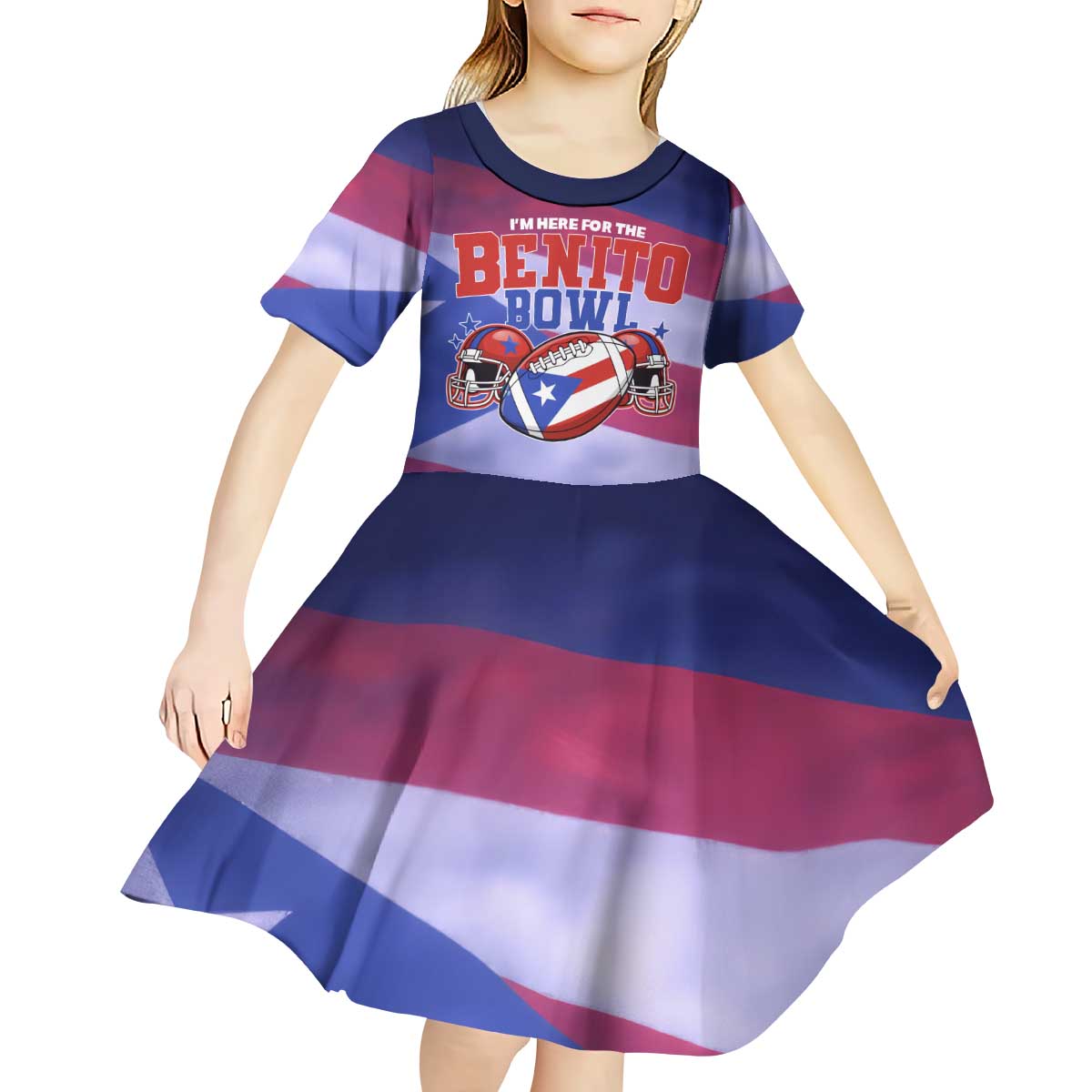 Benito Bowl Fan Gear Kid Short Sleeve Dress with Puerto Rican Flag Football Graphic
