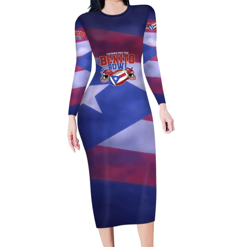 Benito Bowl Fan Gear Long Sleeve Bodycon Dress with Puerto Rican Flag Football Graphic