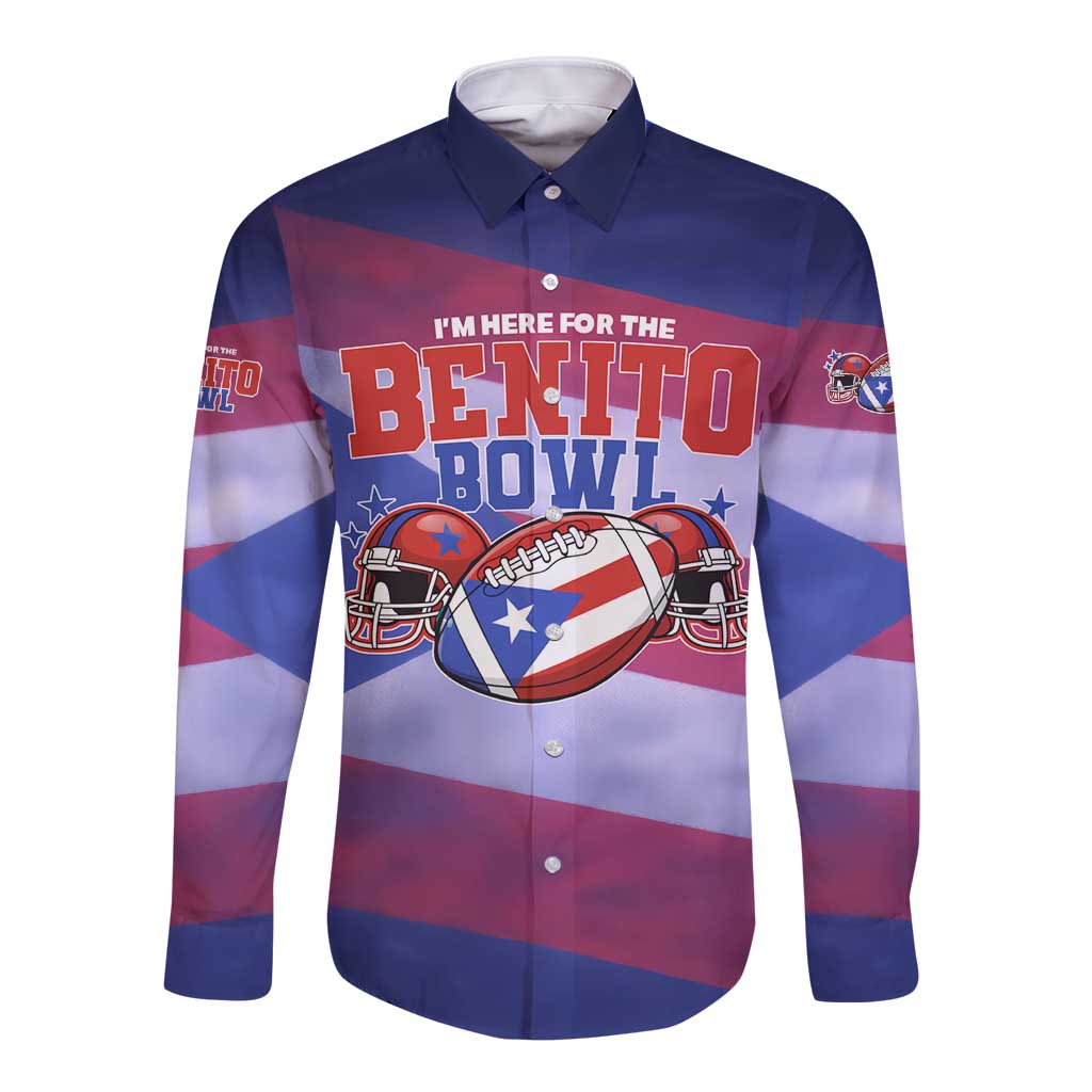 Benito Bowl Fan Gear Long Sleeve Button Shirt with Puerto Rican Flag Football Graphic