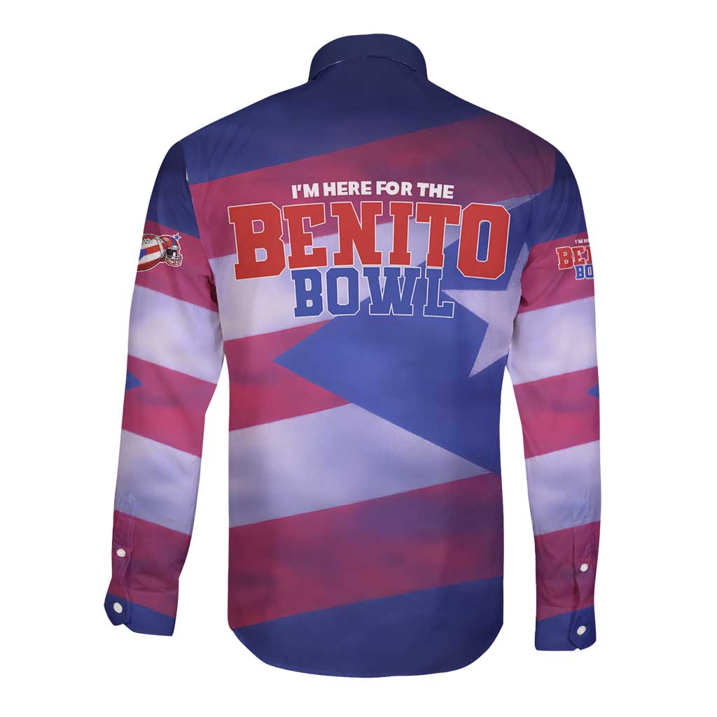 Benito Bowl Fan Gear Long Sleeve Button Shirt with Puerto Rican Flag Football Graphic