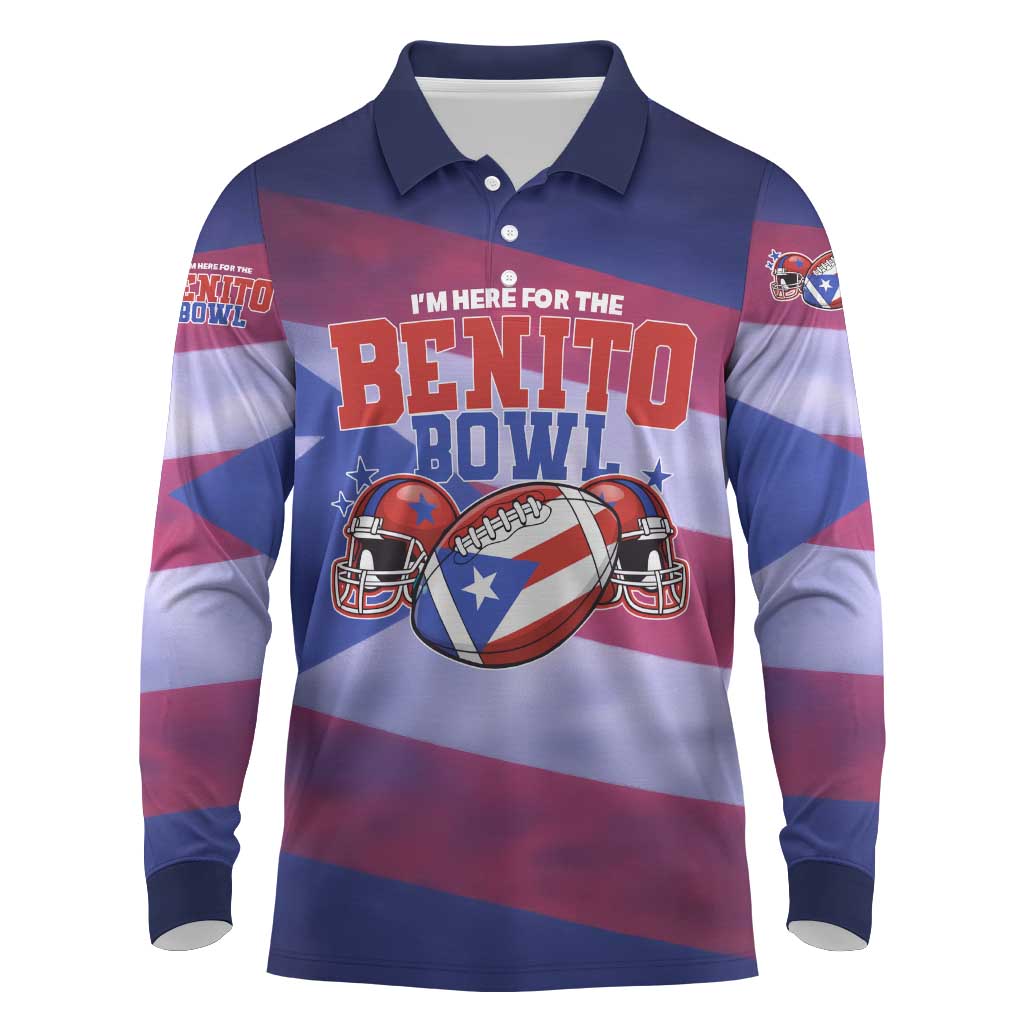 Benito Bowl Fan Gear Long Sleeve Polo Shirt with Puerto Rican Flag Football Graphic