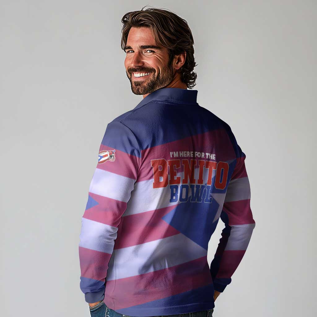 Benito Bowl Fan Gear Long Sleeve Polo Shirt with Puerto Rican Flag Football Graphic