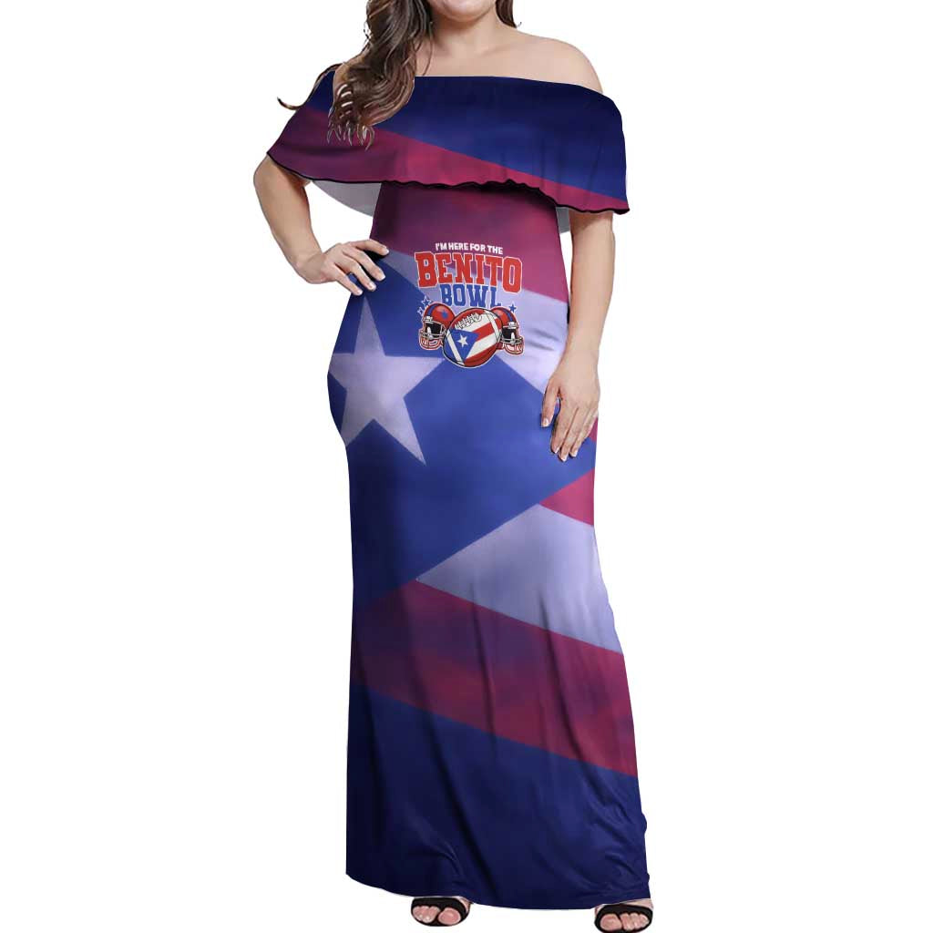 Benito Bowl Fan Gear Off Shoulder Maxi Dress with Puerto Rican Flag Football Graphic