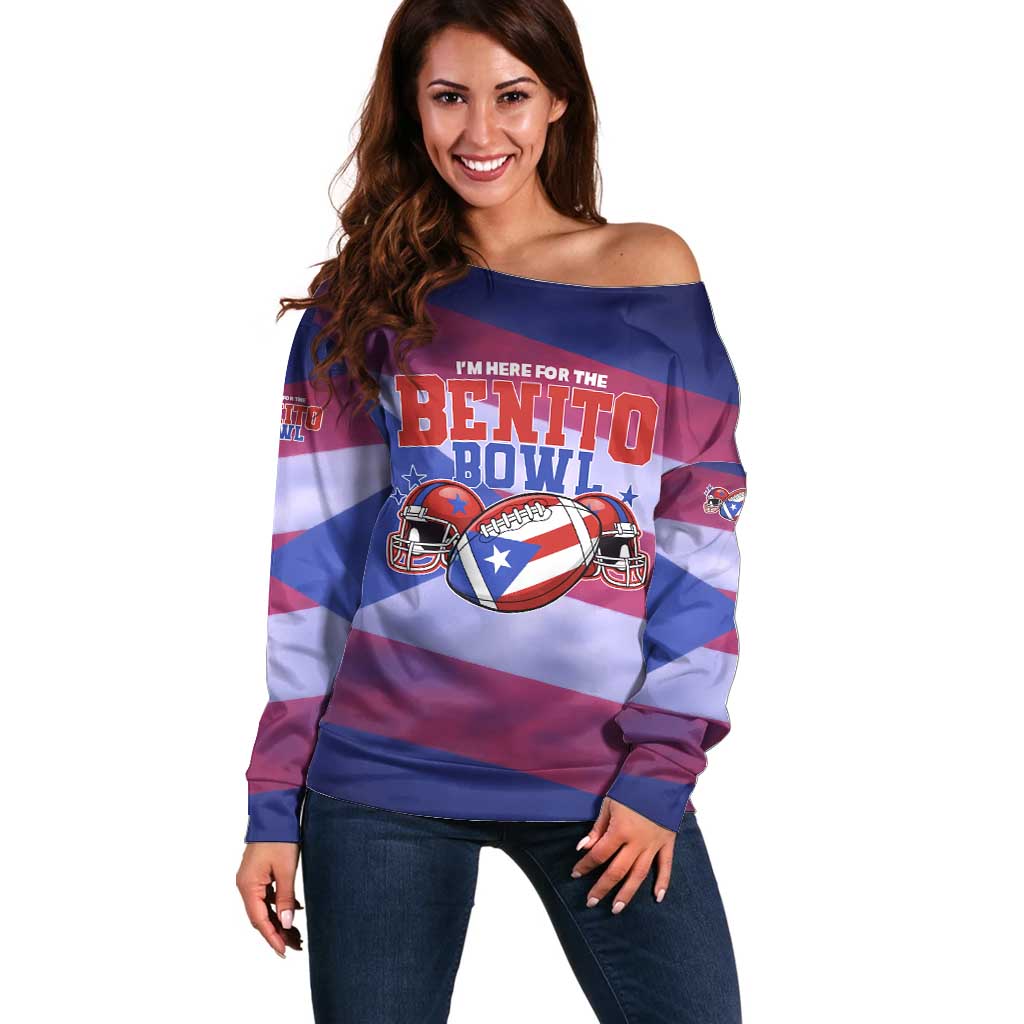 Benito Bowl Fan Gear Off Shoulder Sweater with Puerto Rican Flag Football Graphic