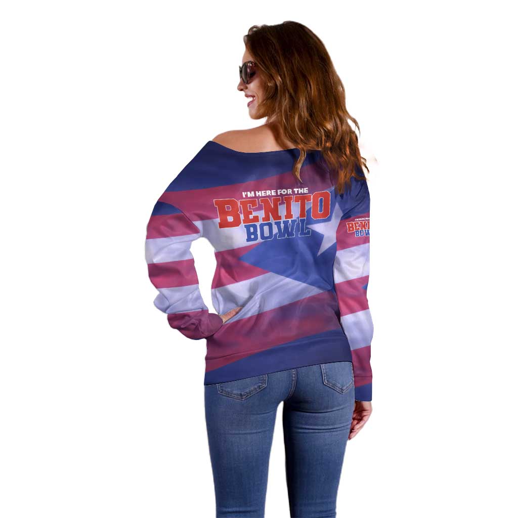 Benito Bowl Fan Gear Off Shoulder Sweater with Puerto Rican Flag Football Graphic