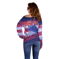 Benito Bowl Fan Gear Off Shoulder Sweater with Puerto Rican Flag Football Graphic