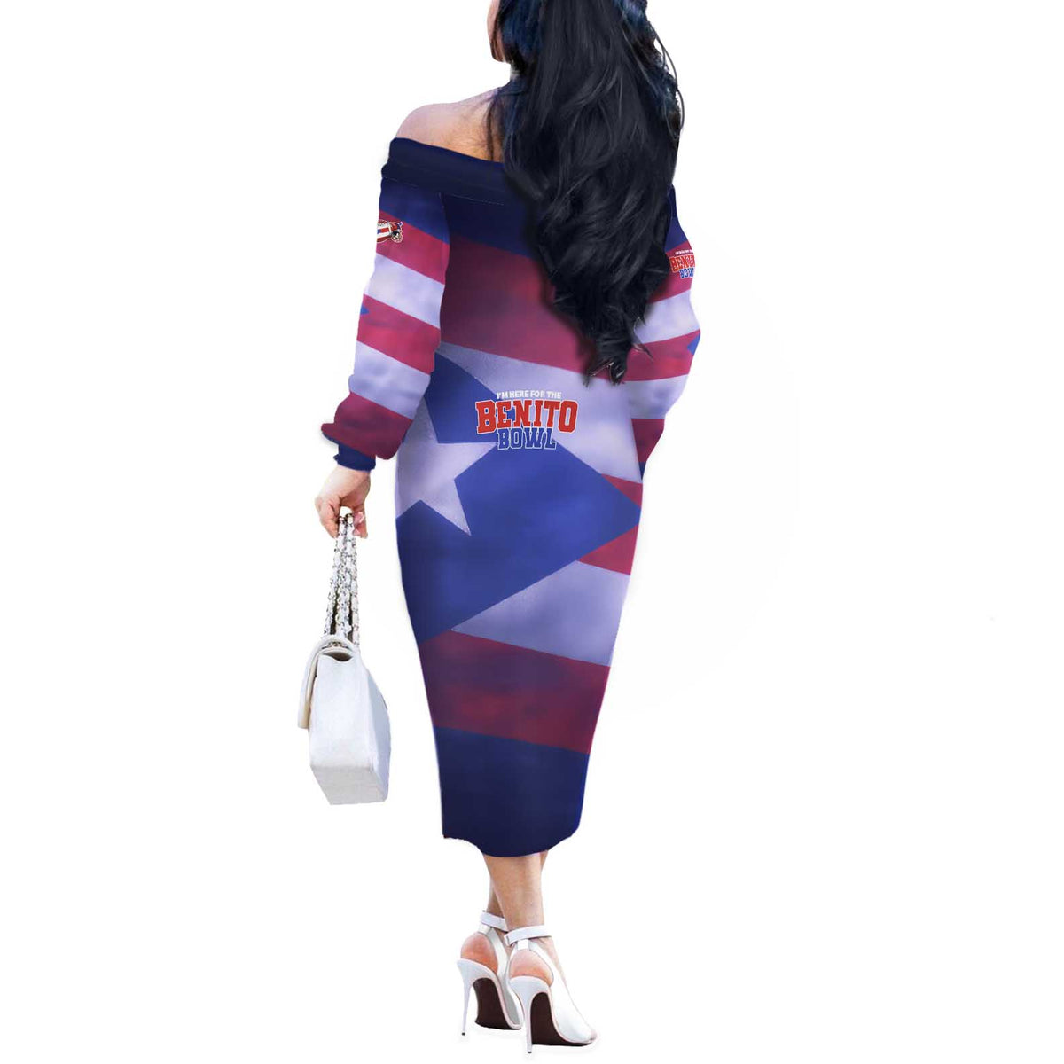 Benito Bowl Fan Gear Off The Shoulder Long Sleeve Dress with Puerto Rican Flag Football Graphic