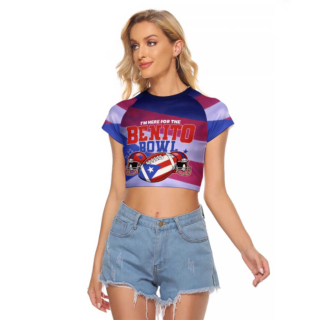 Benito Bowl Fan Gear Raglan Cropped T Shirt with Puerto Rican Flag Football Graphic