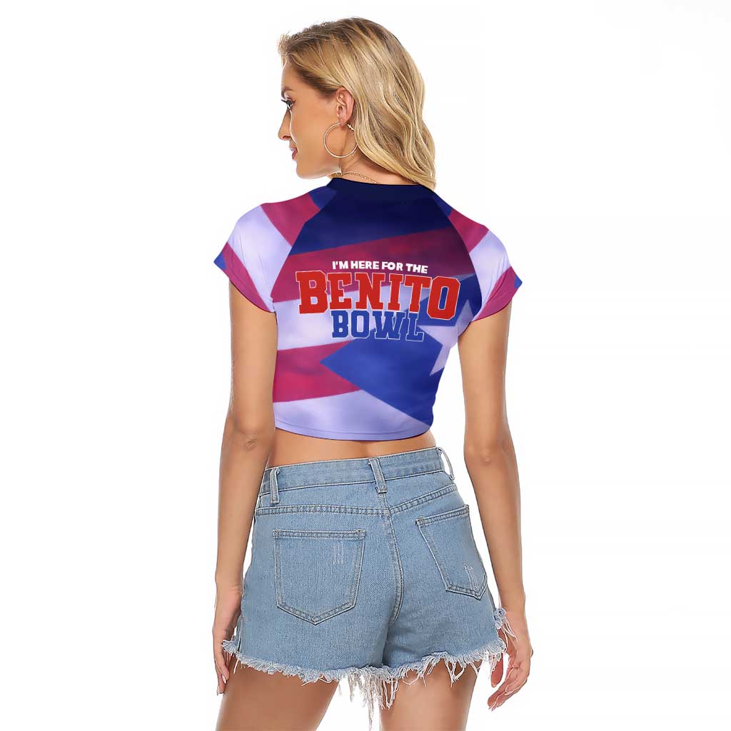 Benito Bowl Fan Gear Raglan Cropped T Shirt with Puerto Rican Flag Football Graphic