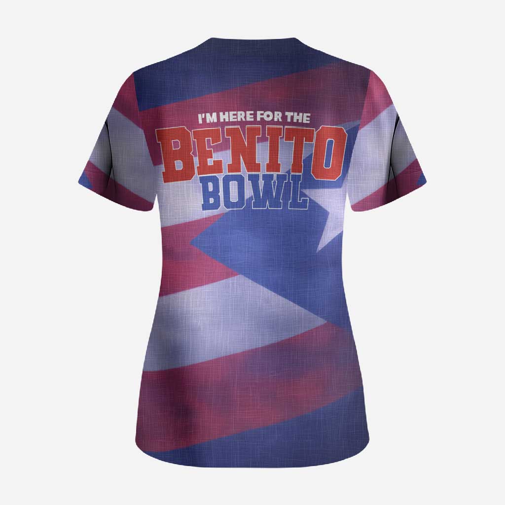 Benito Bowl Fan Gear Scrub Top with Puerto Rican Flag Football Graphic
