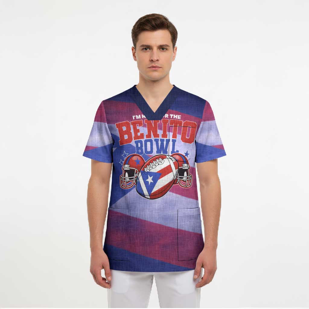 Benito Bowl Fan Gear Scrub Top with Puerto Rican Flag Football Graphic