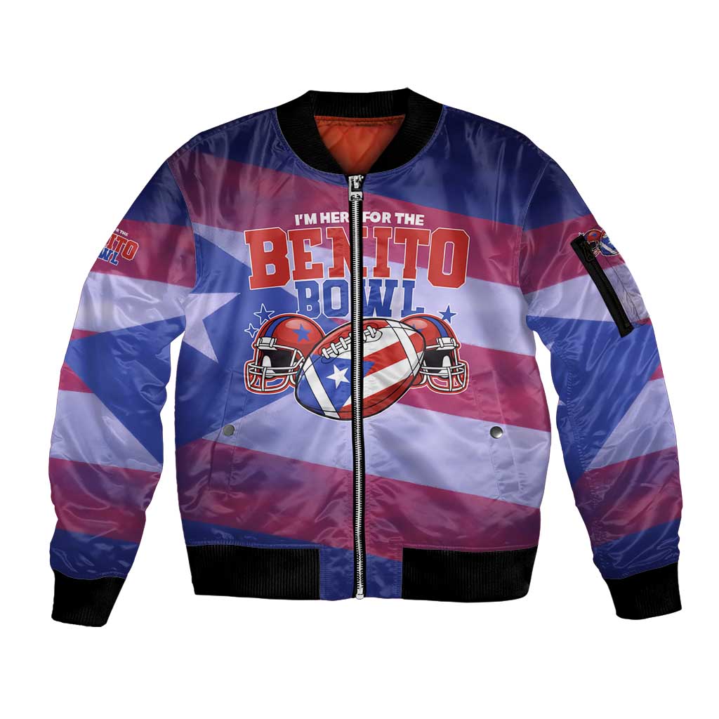 Benito Bowl Fan Gear Sleeve Zip Bomber Jacket with Puerto Rican Flag Football Graphic