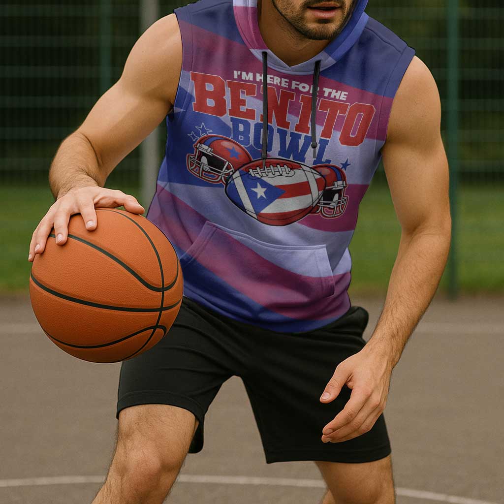 Benito Bowl Fan Gear Sleeveless Hoodie with Puerto Rican Flag Football Graphic