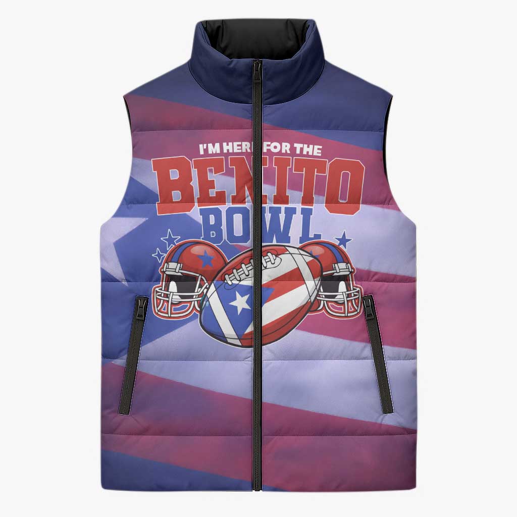 Benito Bowl Fan Gear Sleeveless Puffer Jacket with Puerto Rican Flag Football Graphic