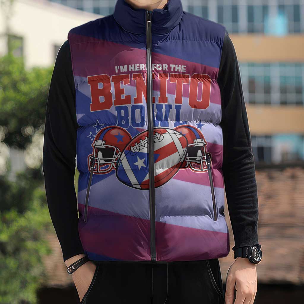 Benito Bowl Fan Gear Sleeveless Puffer Jacket with Puerto Rican Flag Football Graphic