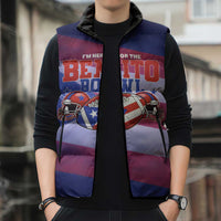 Benito Bowl Fan Gear Sleeveless Puffer Jacket with Puerto Rican Flag Football Graphic