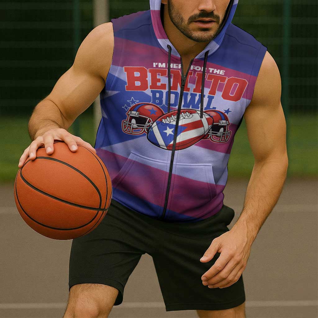 Benito Bowl Fan Gear Sleeveless Zip Hoodie with Puerto Rican Flag Football Graphic