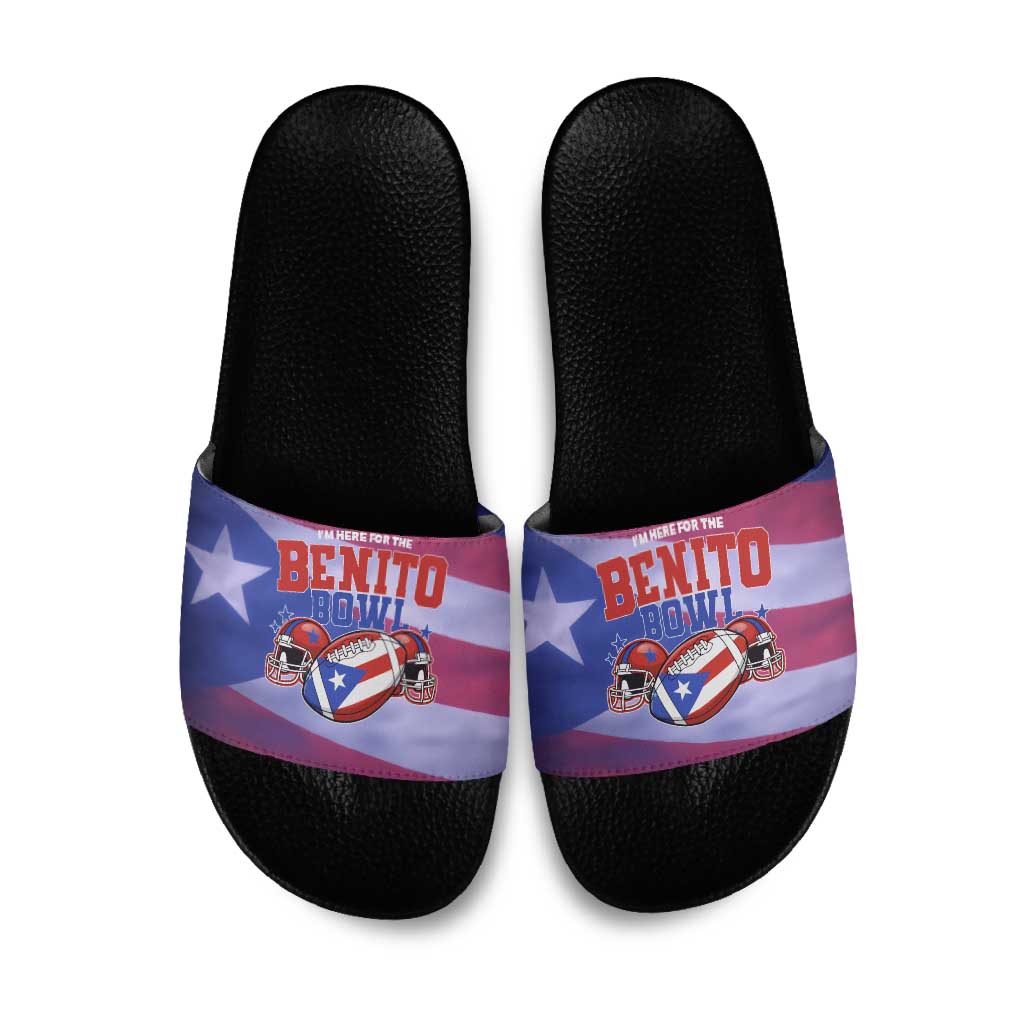 Benito Bowl Fan Gear Slide Sandals with Puerto Rican Flag Football Graphic