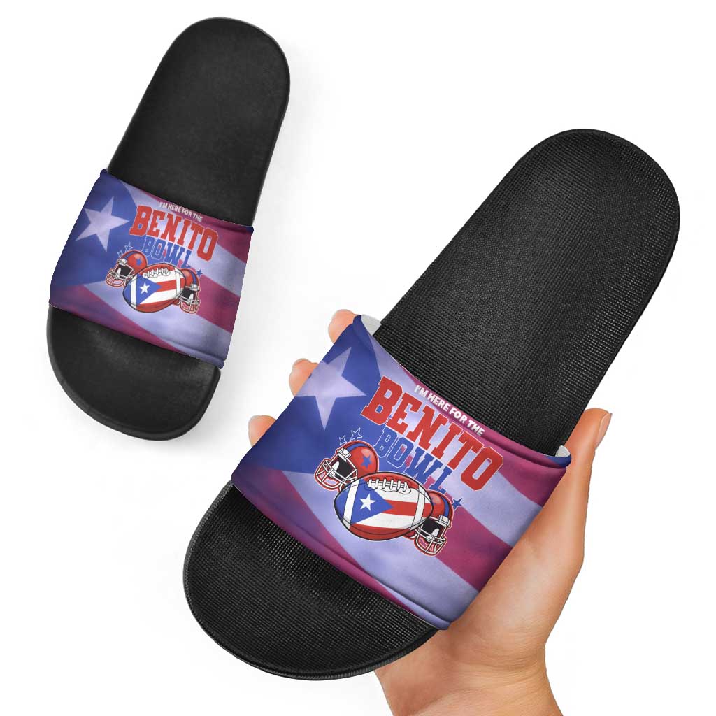Benito Bowl Fan Gear Slide Sandals with Puerto Rican Flag Football Graphic