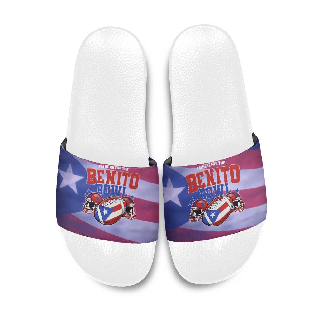 Benito Bowl Fan Gear Slide Sandals with Puerto Rican Flag Football Graphic