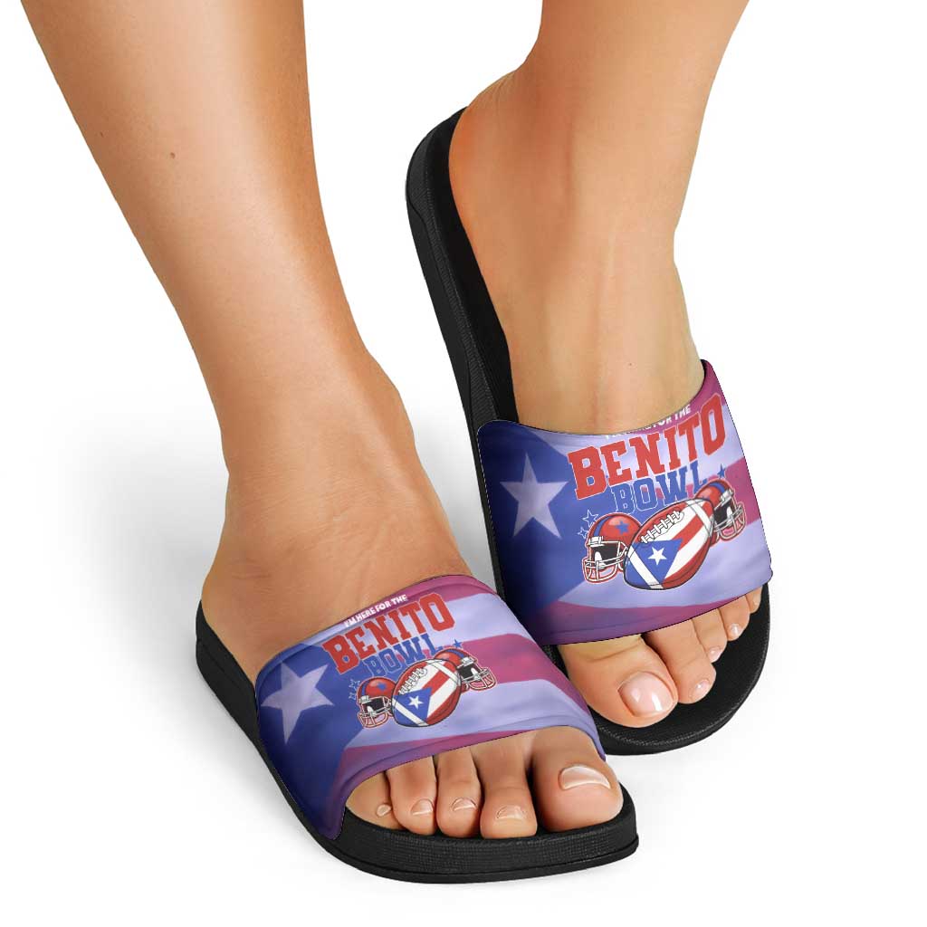 Benito Bowl Fan Gear Slide Sandals with Puerto Rican Flag Football Graphic