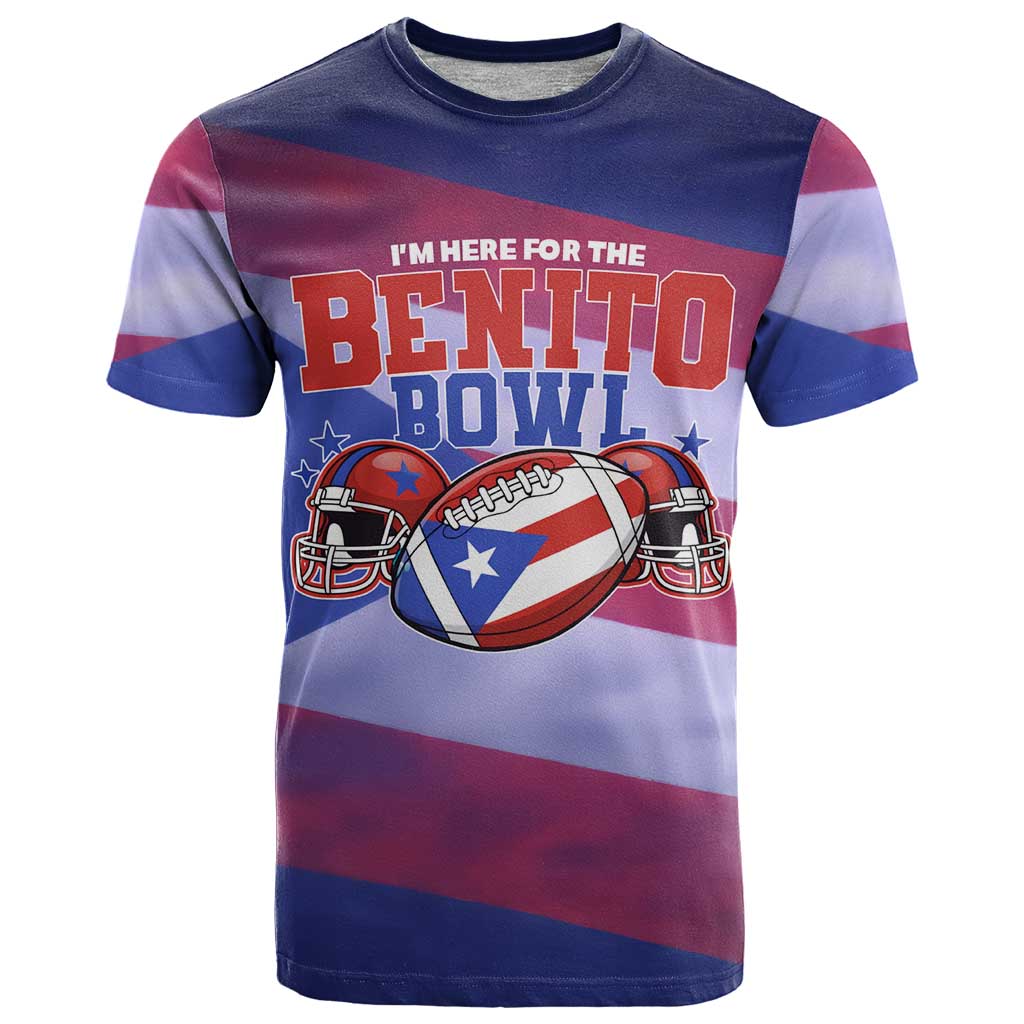 Benito Bowl Fan Gear T Shirt with Puerto Rican Flag Football Graphic