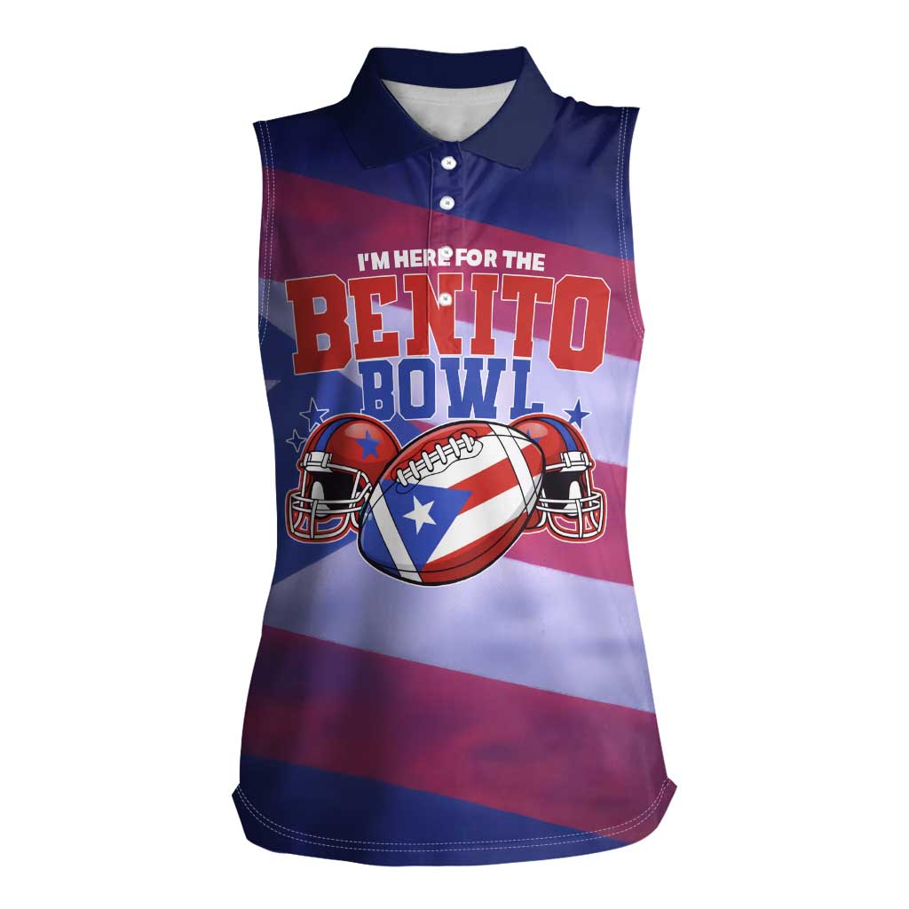 Benito Bowl Fan Gear Women Sleeveless Polo Shirt with Puerto Rican Flag Football Graphic