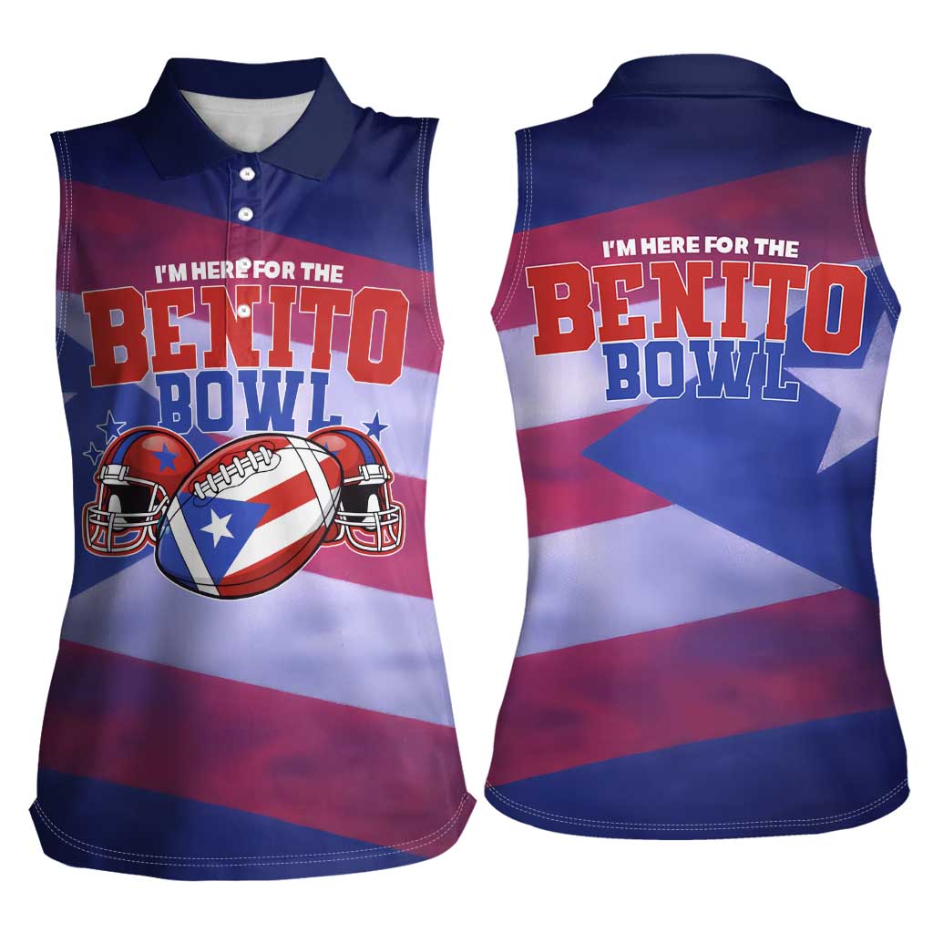 Benito Bowl Fan Gear Women Sleeveless Polo Shirt with Puerto Rican Flag Football Graphic