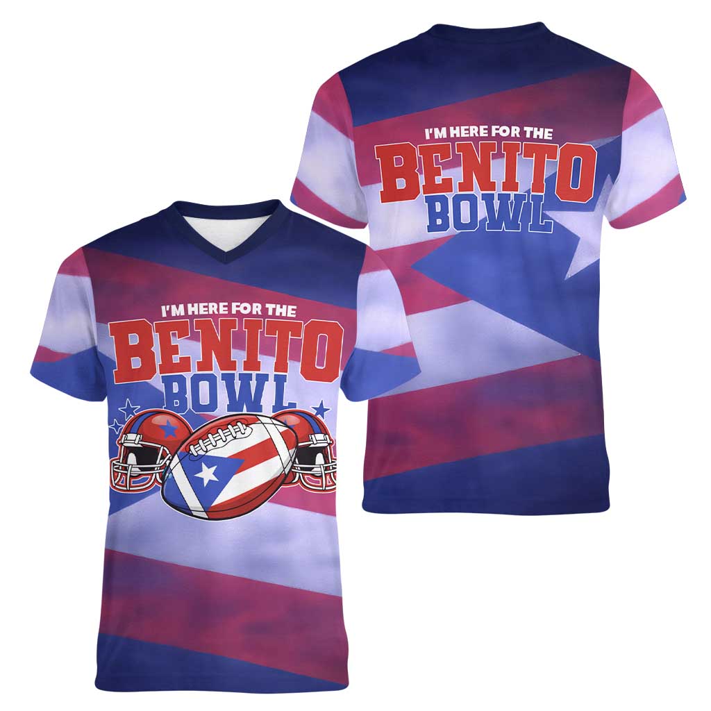 Benito Bowl Fan Gear Women V-Neck T-Shirt with Puerto Rican Flag Football Graphic