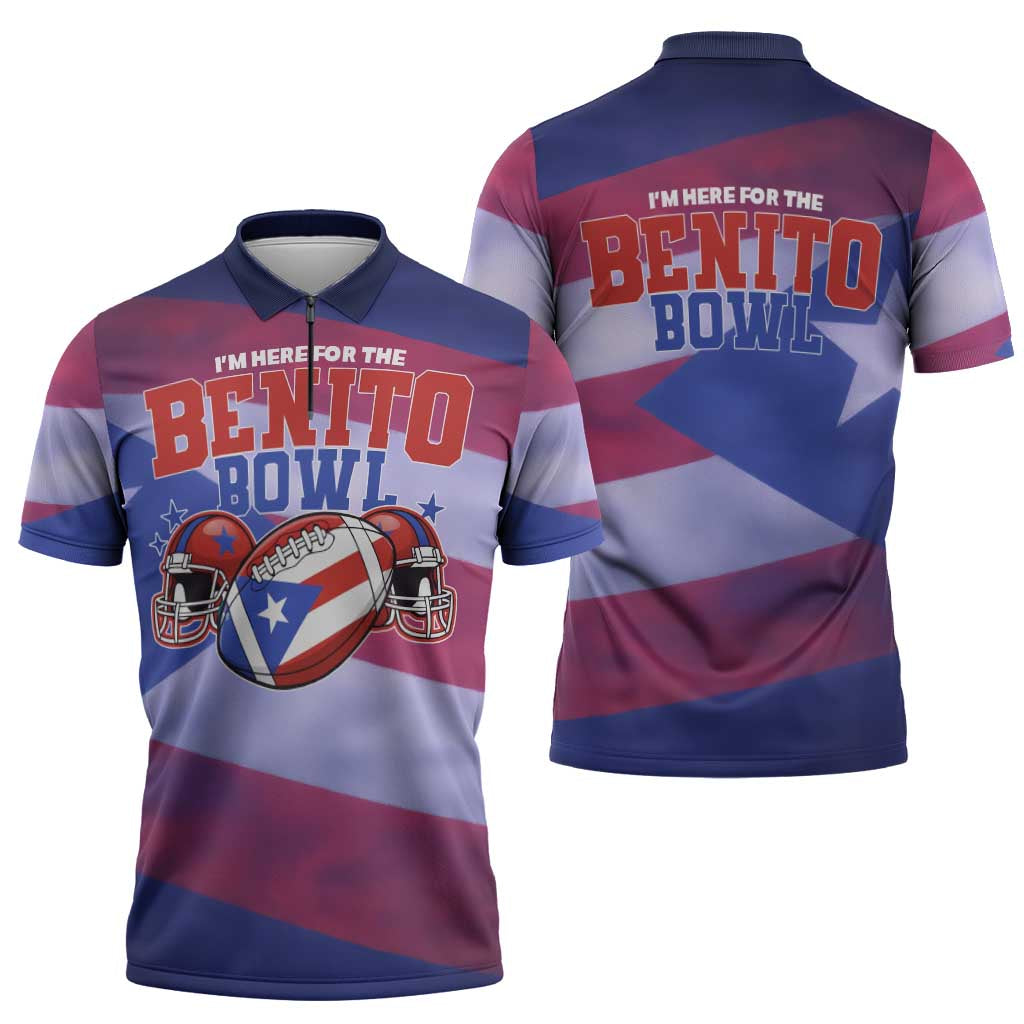 Benito Bowl Fan Gear Zipper Polo Shirt with Puerto Rican Flag Football Graphic