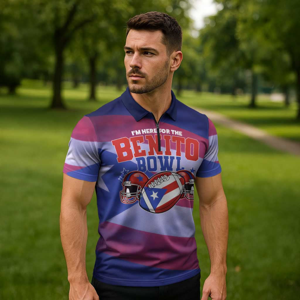 Benito Bowl Fan Gear Zipper Polo Shirt with Puerto Rican Flag Football Graphic