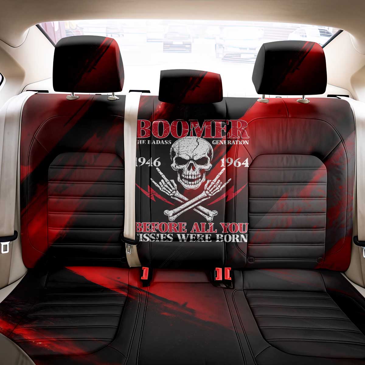Boomer Generation Back Car Seat Cover with Skull Crossbones and Grunge Streak Pattern