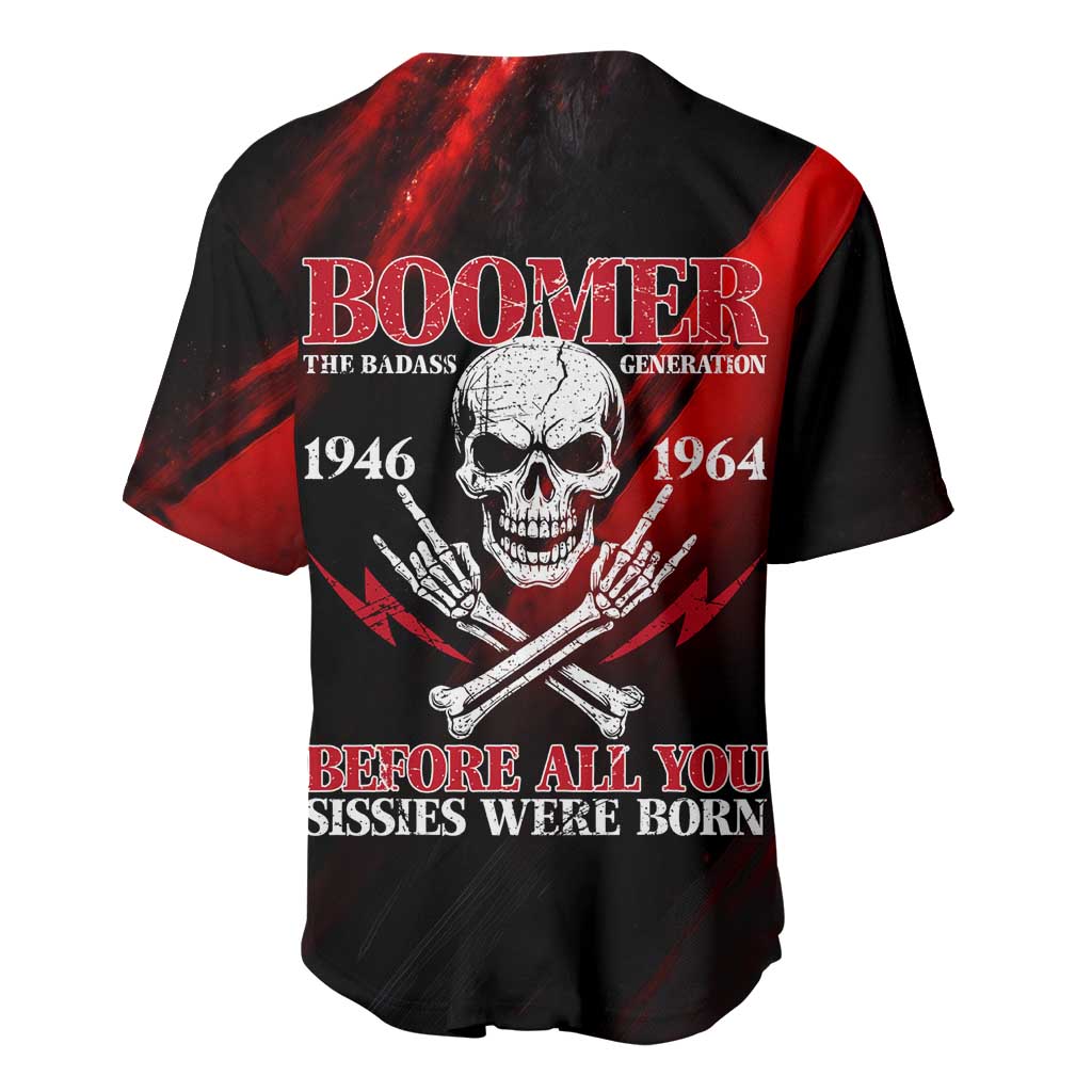 Boomer Generation Baseball Jersey with Skull Crossbones and Grunge Streak Pattern