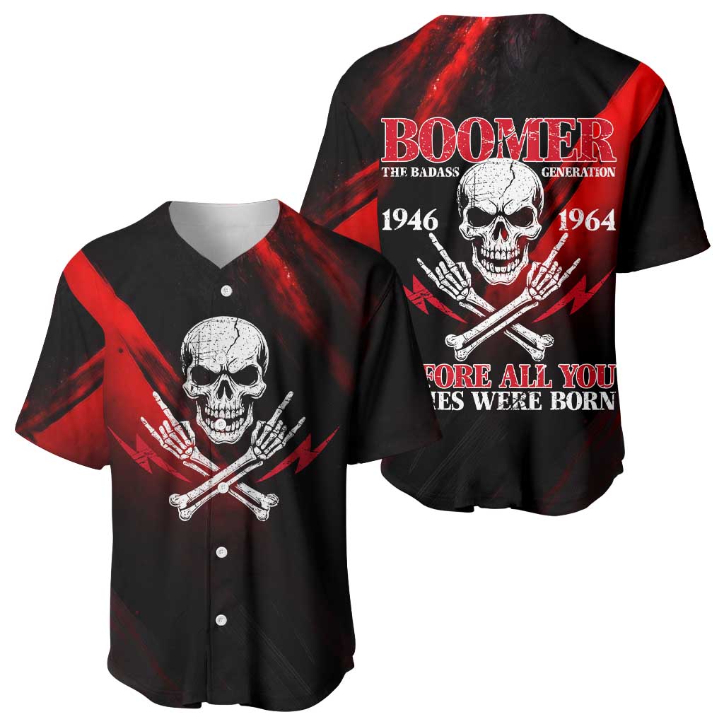 Boomer Generation Baseball Jersey with Skull Crossbones and Grunge Streak Pattern