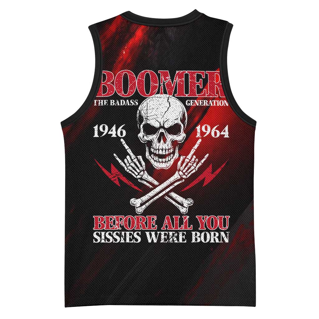Boomer Generation Basketball Jersey with Skull Crossbones and Grunge Streak Pattern