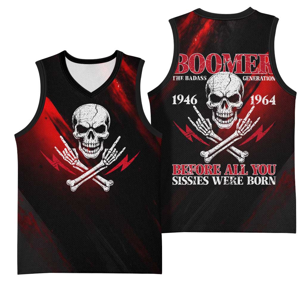 Boomer Generation Basketball Jersey with Skull Crossbones and Grunge Streak Pattern