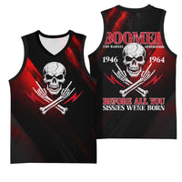 Boomer Generation Basketball Jersey with Skull Crossbones and Grunge Streak Pattern