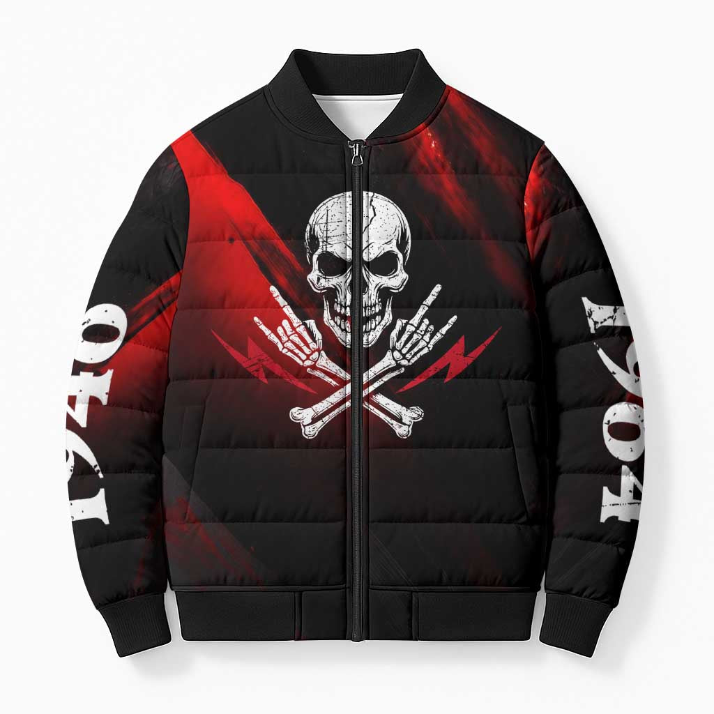 Boomer Generation Bomber Puffer Jacket with Skull Crossbones and Grunge Streak Pattern