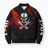 Boomer Generation Bomber Puffer Jacket with Skull Crossbones and Grunge Streak Pattern