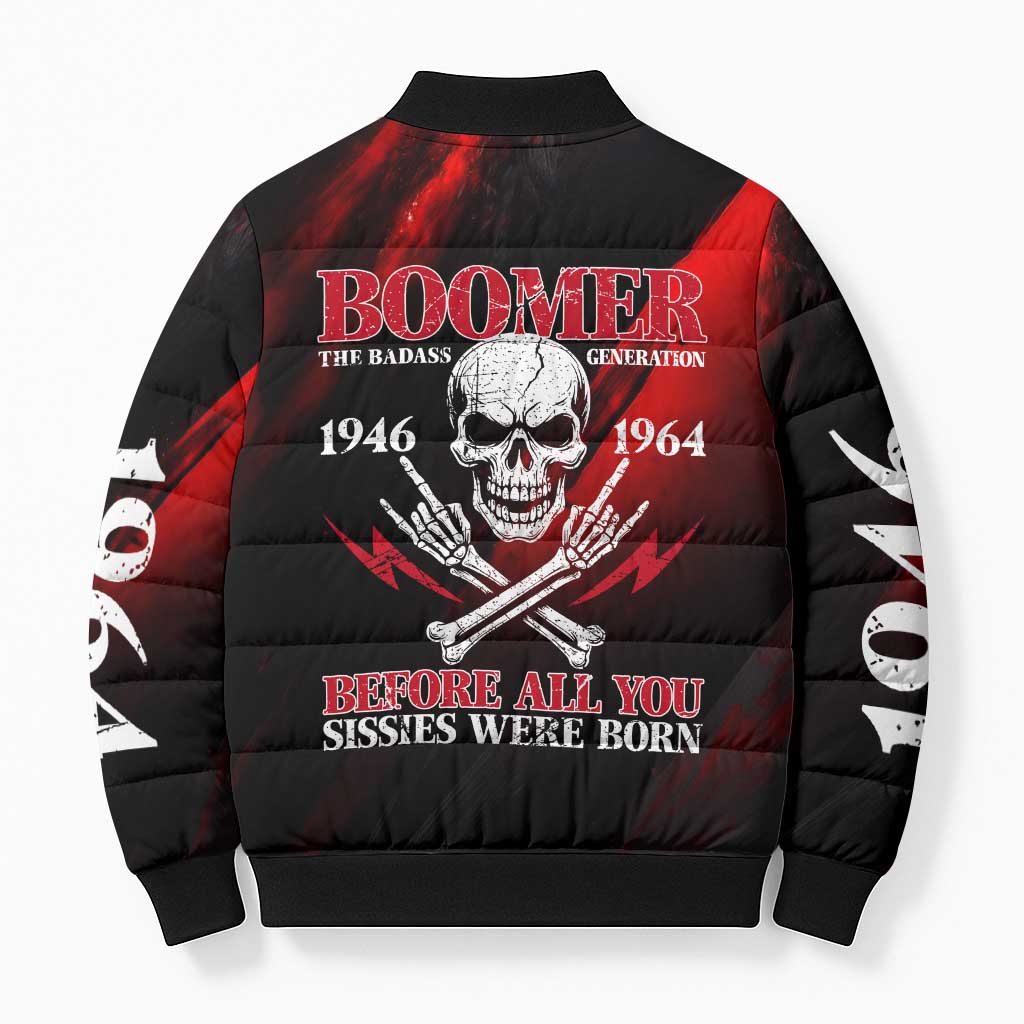 Boomer Generation Bomber Puffer Jacket with Skull Crossbones and Grunge Streak Pattern