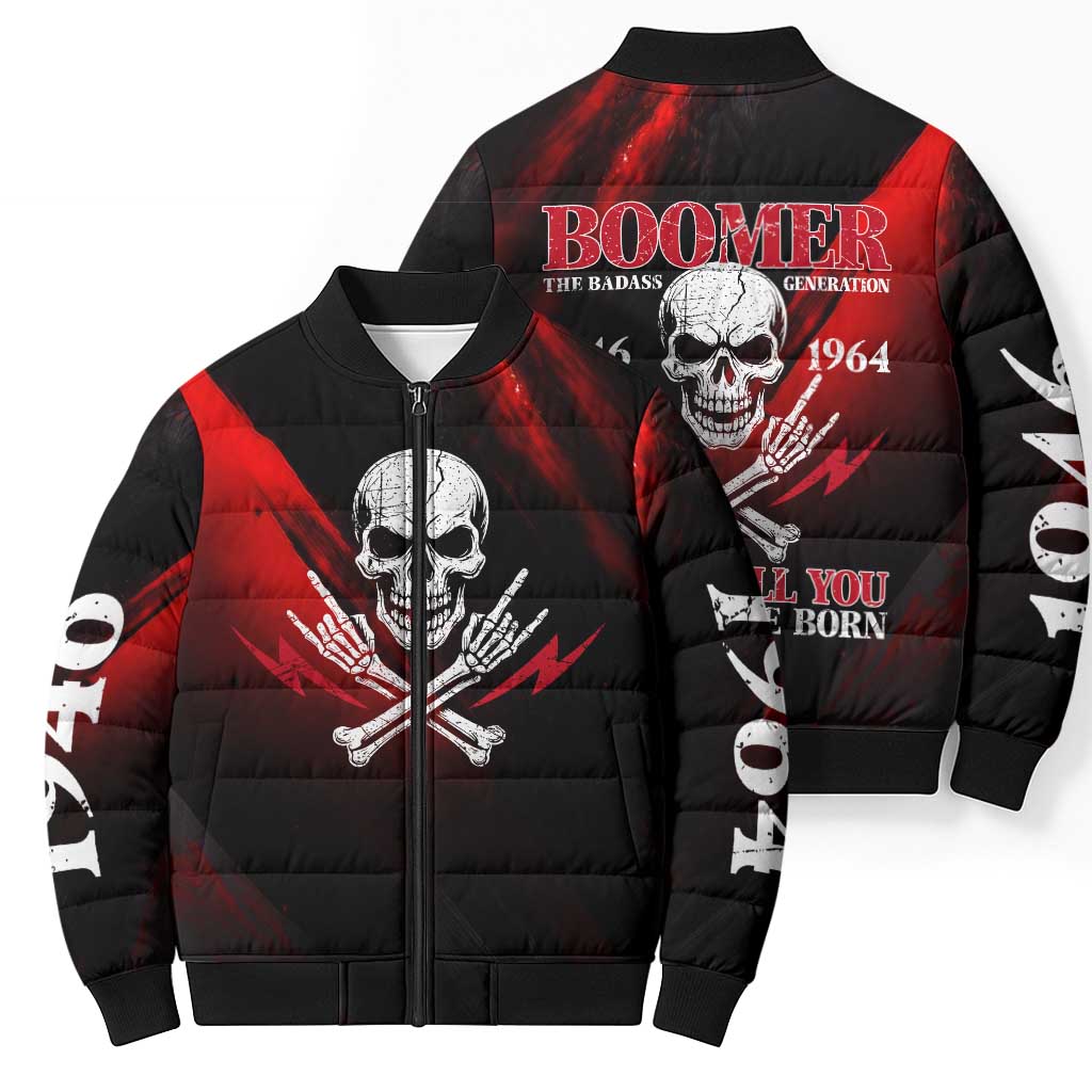 Boomer Generation Bomber Puffer Jacket with Skull Crossbones and Grunge Streak Pattern