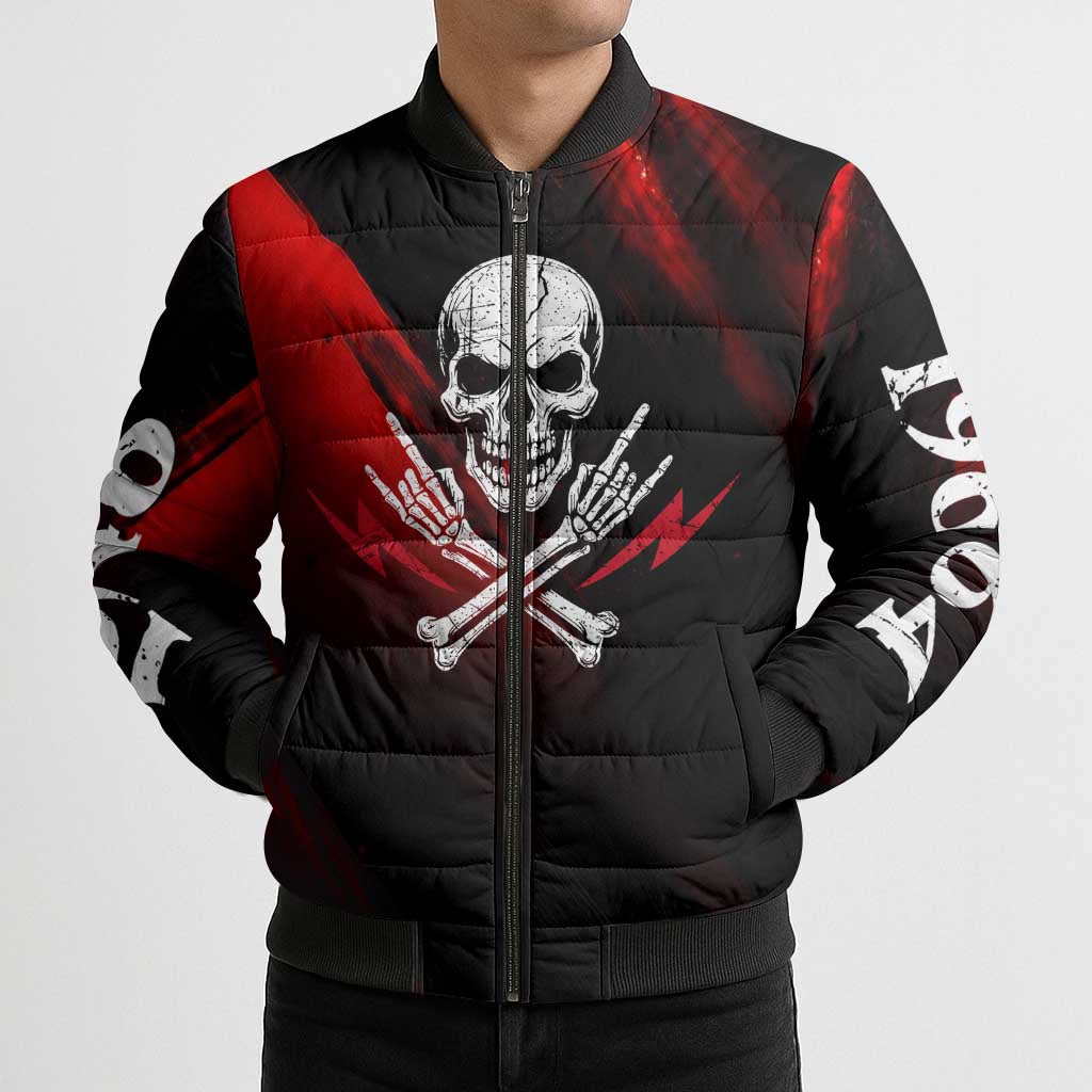 Boomer Generation Bomber Puffer Jacket with Skull Crossbones and Grunge Streak Pattern