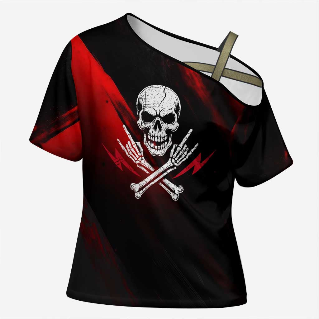 Boomer Generation Cross Shoulder Shirt with Skull Crossbones and Grunge Streak Pattern