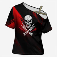 Boomer Generation Cross Shoulder Shirt with Skull Crossbones and Grunge Streak Pattern