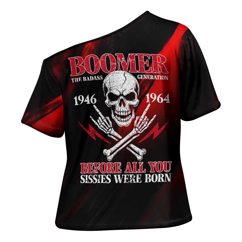 Boomer Generation Cross Shoulder Shirt with Skull Crossbones and Grunge Streak Pattern