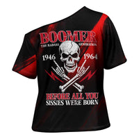 Boomer Generation Cross Shoulder Shirt with Skull Crossbones and Grunge Streak Pattern